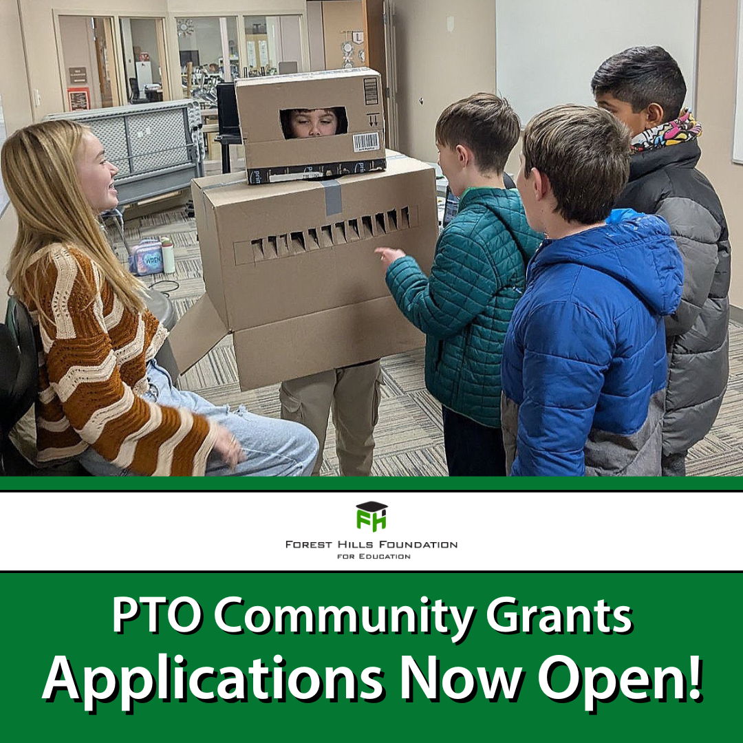 Photo of students working on project with FHFE logo and title that says "PTO Community Grants Applications Now Open"